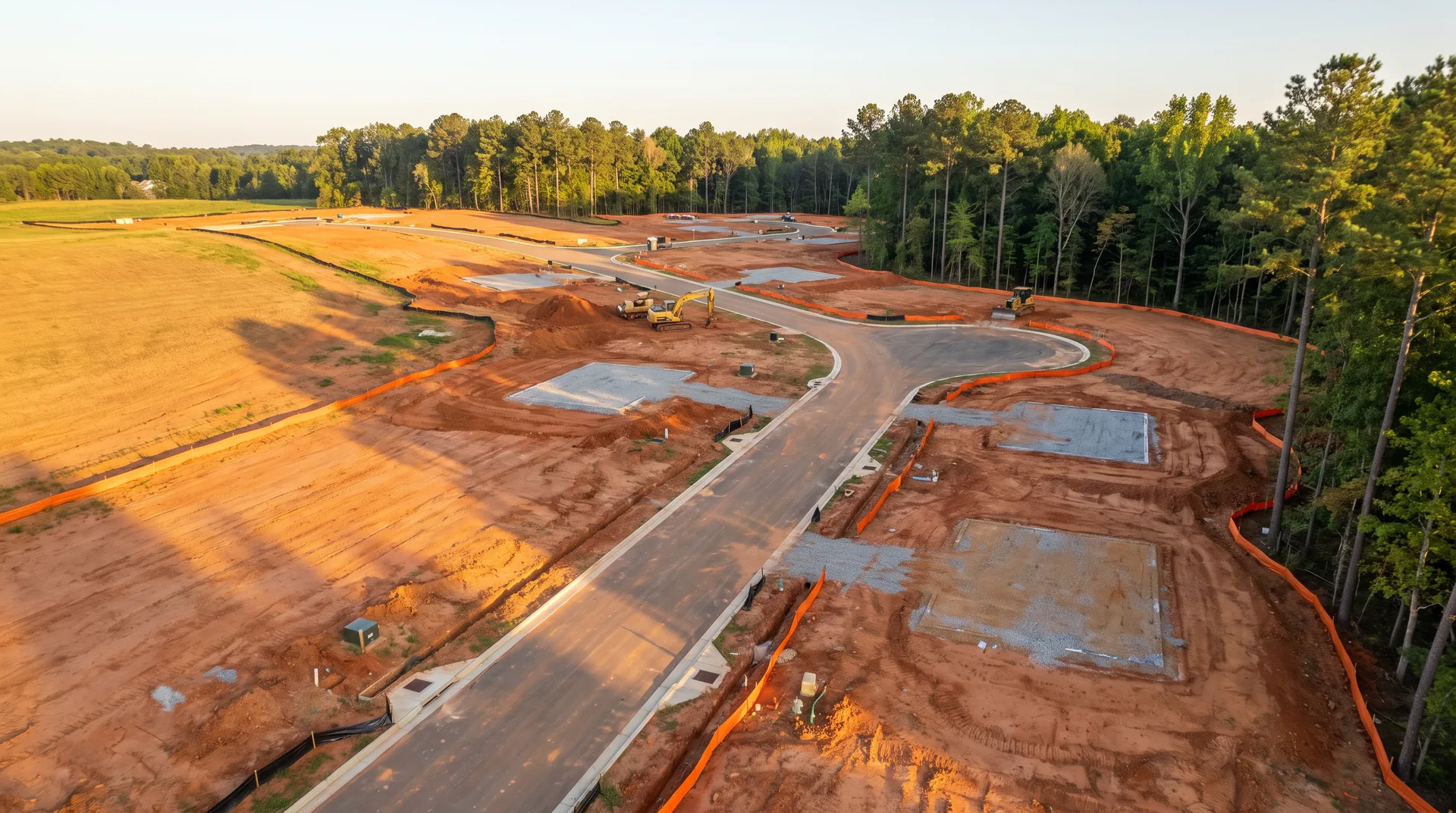 Aerial view of a single-family subdivision under construction in the Carolina piedmont, with graded lots, new curb and gutter, and a roughed-in cul-de-sac